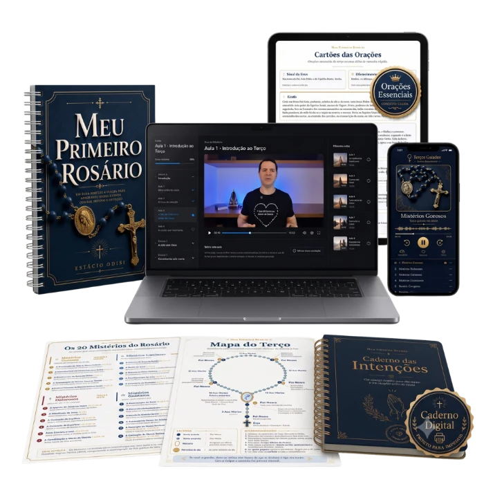 Tudo que você recebe: o Caminho em vídeo no notebook, os Cartões e os Terços Guiados em tela, o Guia impresso, o Mapa do Terço, o Calendário e o Caderno das Intenções.