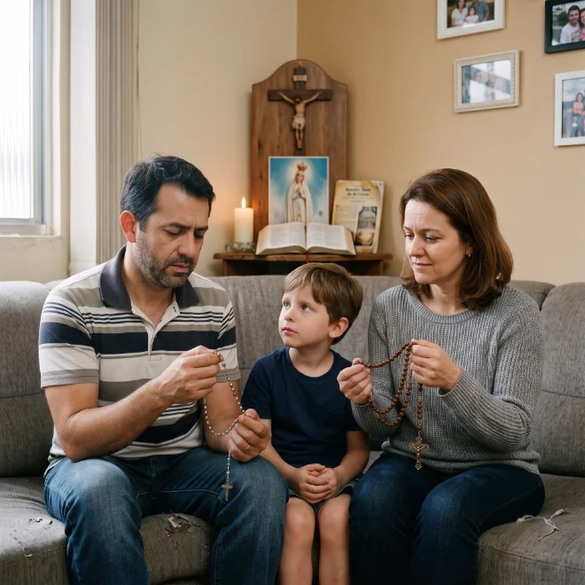 Família rezando o terço junta na sala: pai, filho e mãe, com crucifixo e imagem de Nossa Senhora ao fundo.